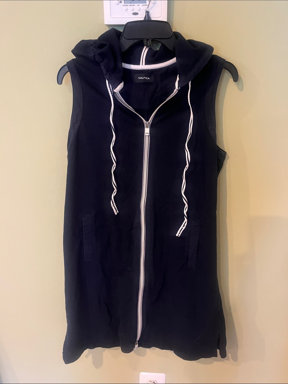 Nautica Sleeveless Hooded Zip-Up Dress Navy Blue with White Trim. Size L.
